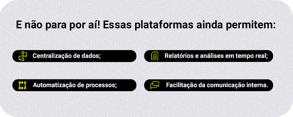 E não para por aí! Essas plataformas ainda permitem: 
Automatização de processos;
Centralização de dados;
Relatórios e análises em tempo real;
Facilitação da comunicação interna.
